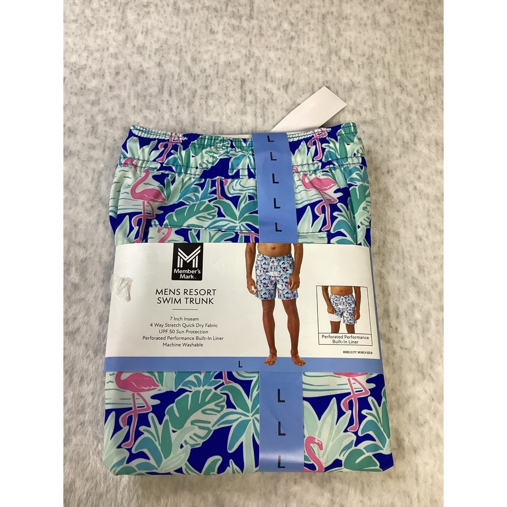 Members Mark Mens Resort Swim Trunk Flamingo Tropical Blue Large 7‎ Inch Inseam